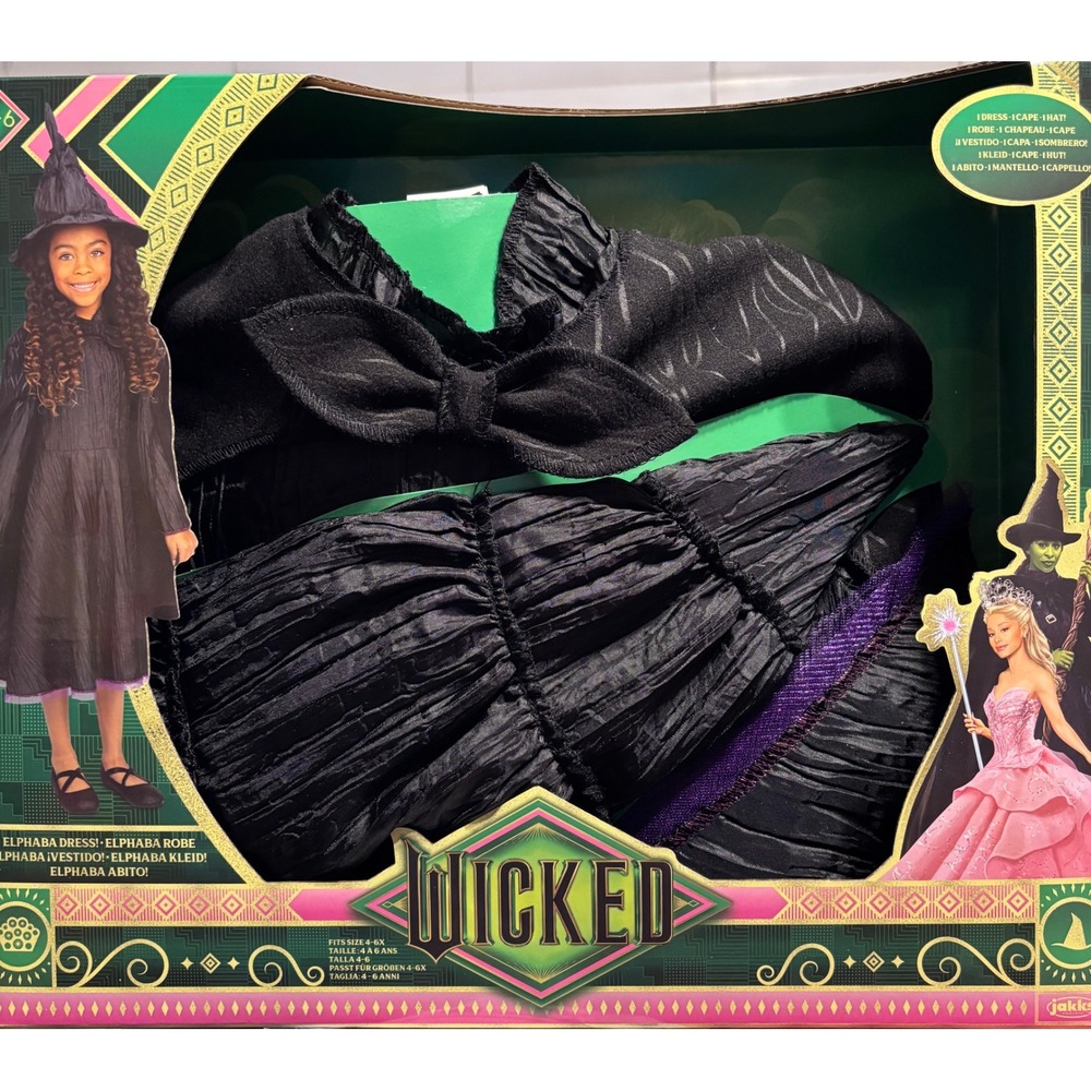 Jakks Wicked Elphaba Costume‎ Kids 4-6X Black New Deluxe Dress Cape Hat Set